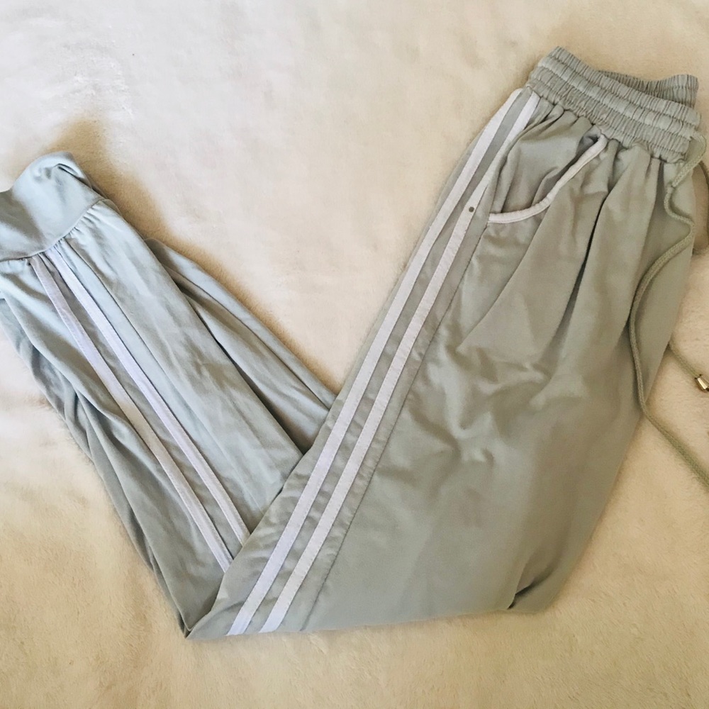 gray joggers w/ white stripes